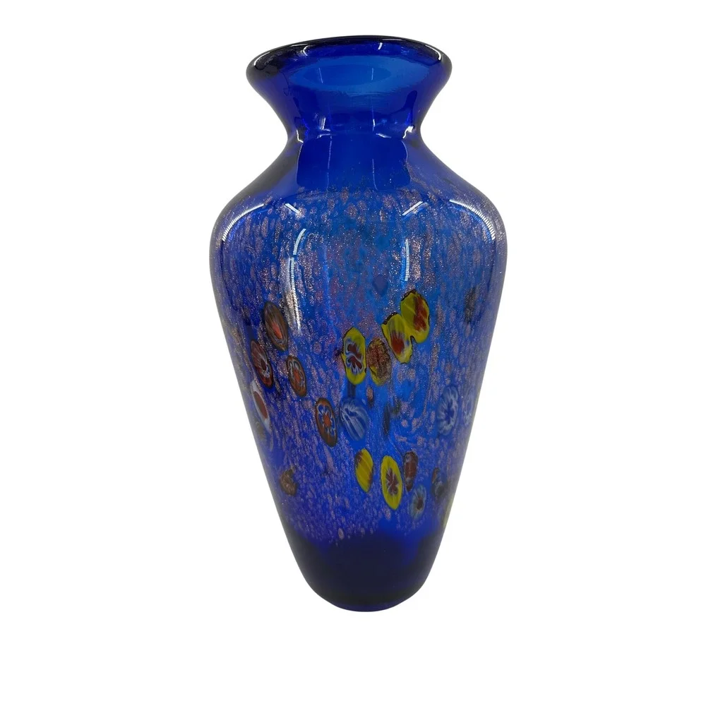 Blown Glass Art Glass Vase Cobalt‎ Blue Millefiori Copper Aventurine 10 Inch